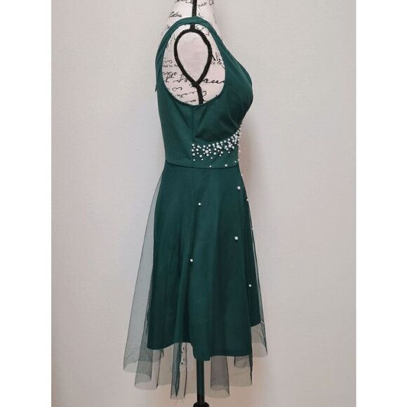 π Pearl Beaded Mesh Overlay Sleeveless A-line Elegant Green Dress SIZE LβNEW - Picture 7 of 16